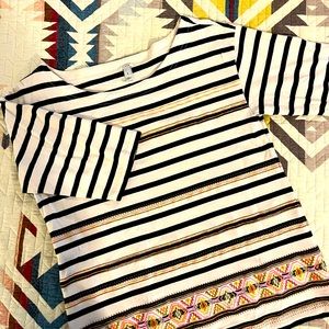 J Crew Black & White Striped Shirt with Neon Embroidery